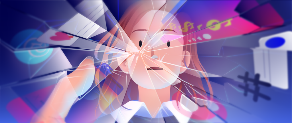 short-form content graphic. woman looking at phone with fractured attention